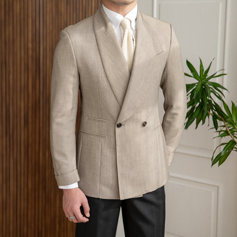 One Button Shawl Collar Double-breasted Blazer with Turn up sleeve cuff detailing. Jetted Pockets with a Ticket Pocket, Tuxedo Style Suit Jacket