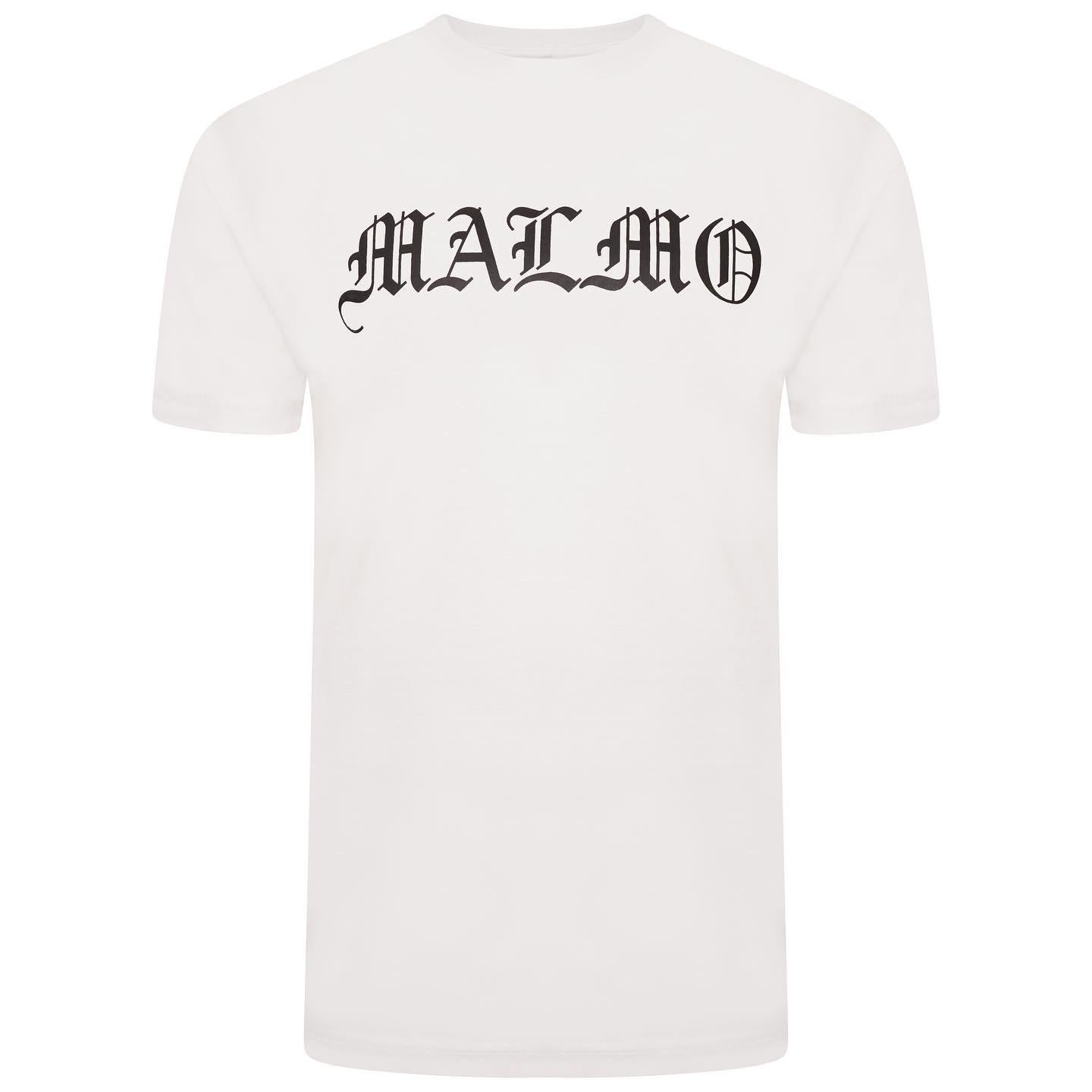 Malmo London Black T-shirt with White lettering in an Old English Style Font