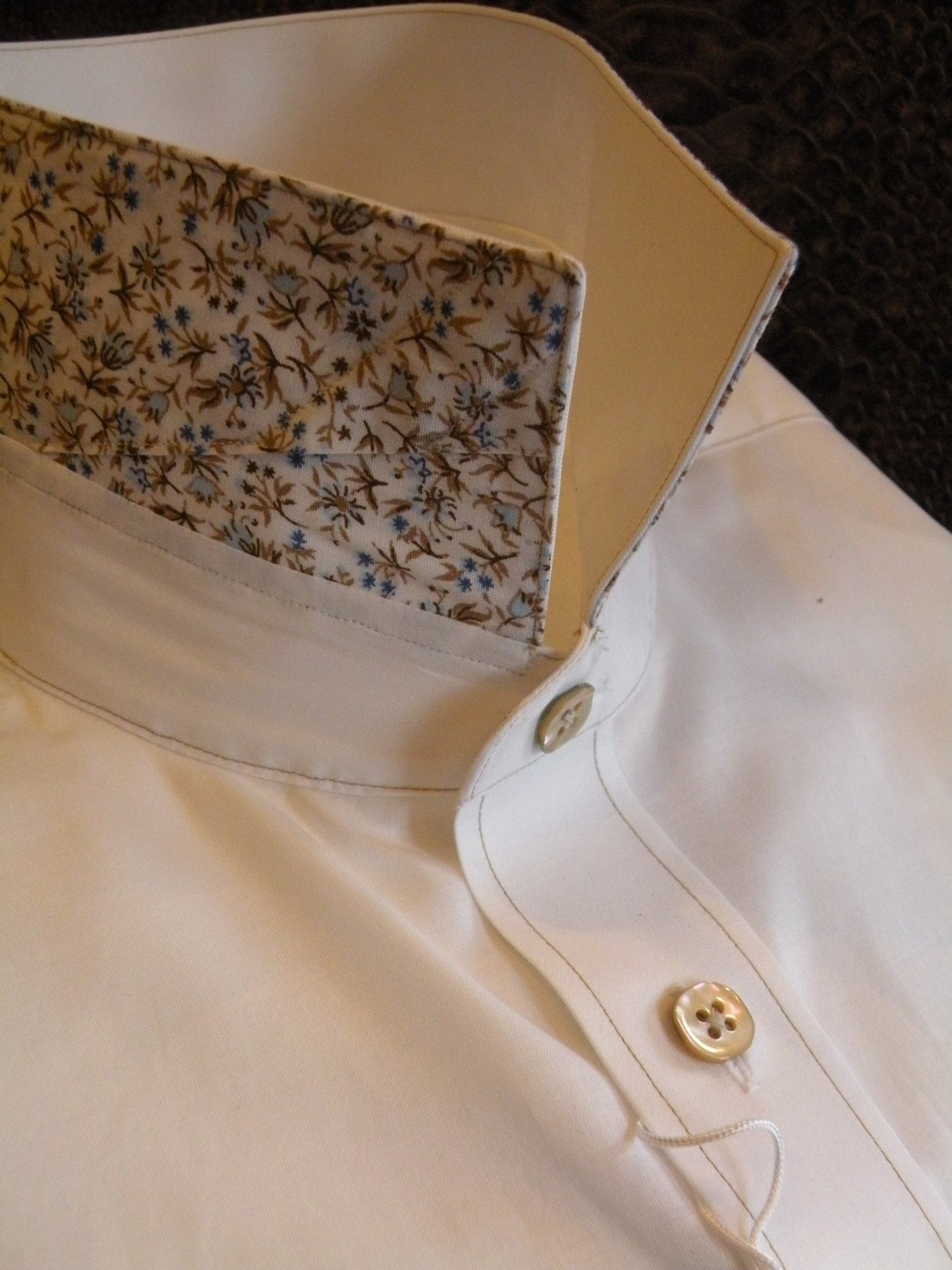 Cut Away White Luxury Twill Collar with Sq Mother of Rose Pearl Buttons & Floral Under Collar & outstanding stitching throughout