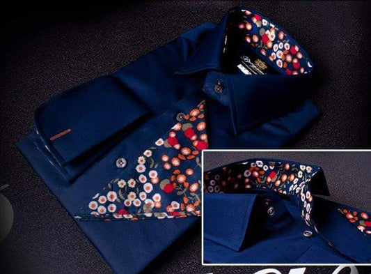Navy Stretch Cotton Handmade Designer Shirt with contrasting inner floral inner collar, inner cuff & inner plaquet with Contrast bold button hole on the Cuff & Top collar buttons