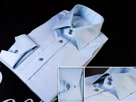 x2 Buttoned Semi Cut-Away Collar Sky Blue Twill Shirt with Contrasting Green Buttons