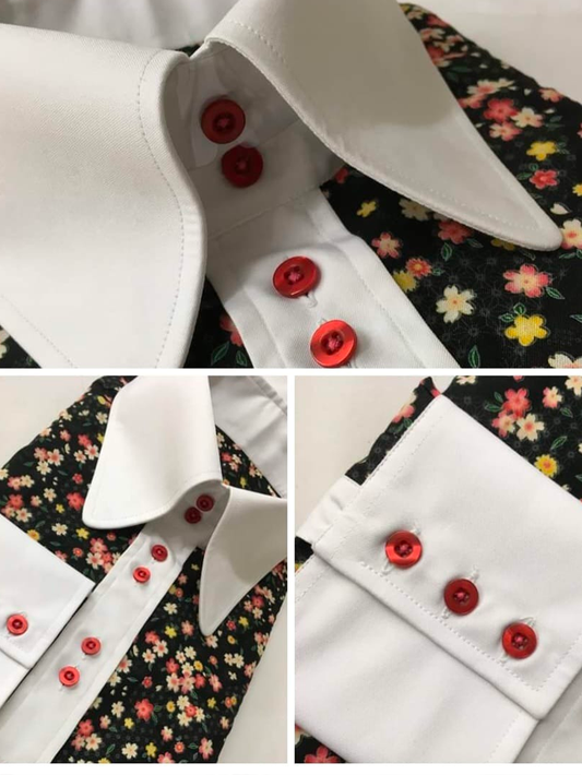 Black floral white collar & cuff - with Red Buttons