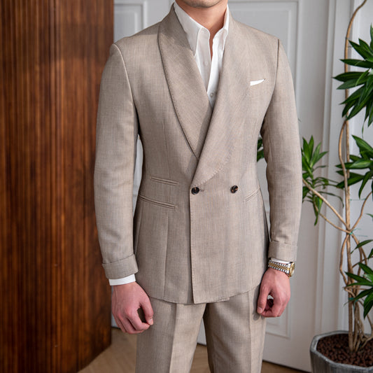 One Button Shawl Collar Double-breasted Blazer with Turn up sleeve cuff detailing.  Jetted Pockets with a Ticket Pocket, Tuxedo Style Suit Jacket