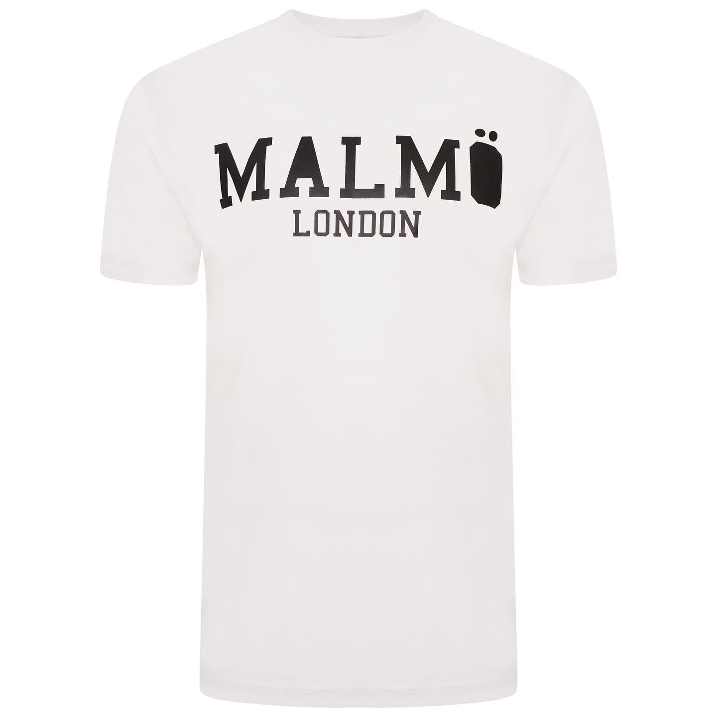 Malmo London Black T-shirt with White lettering in an Old English Style Font